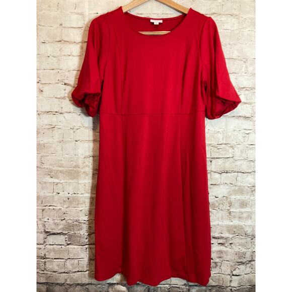 J. Jill Midi Dress Womens Medium Cherry Red Exaggerated Puff Sleeves Stretch - Picture 1 of 14